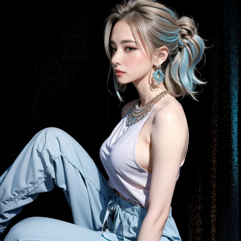 (masterpiece, highest quality, highest quality), (((Perfect body))),Ragged hair,Middle Hair,Chignon Hair,Light blue hair color,Pale black jumpsuit,beautifully,Mysterious:1.2, (One Girl:1.3), Very detailed, Mature Woman,A kind smile,Boston-type glasses, (Mouth closed), (highest qualityのmasterpiece:1.2) Delicate illustrations, Most detailed,Upper body portrait, (Street background:1.3), (Shiny skin), (Many colors:1.4), ,(Earrings),((necklace)), Elegant Pumps,Full body portrait,(Paris city background:1.3), (Shiny skin),(Earrings),