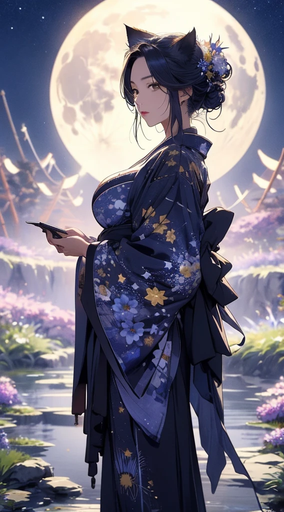 masterpiece, high quality, 4K, Beautiful design,  非常に詳細な夜のStarry Sky,Flower Field， wonderful, Finer details,  Very knowledgeable woman, Highly detailed solo, 1 female,Cat ear，Big Breasts，kimono，Night view，Starry Sky，full moon，