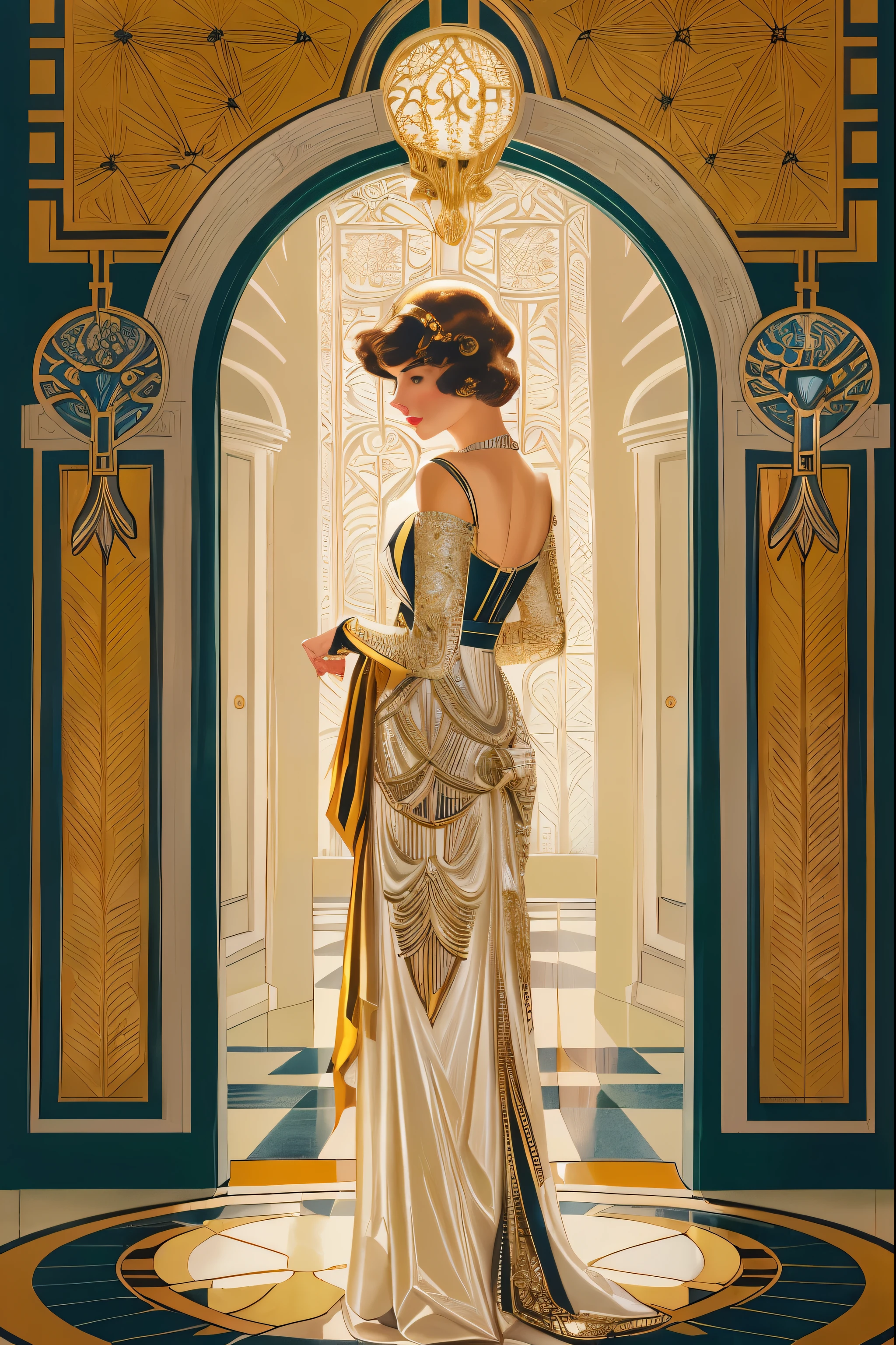 a close up of a woman in a dress standing in an archway, art deco illustration, leyendecker style, martin ansin, art deco portrait, part leyendecker style, art deco era), j.c leyendecker, j. c leyendecker, art deco poster, jc leyendecker, j. c. leyendecker 8 k