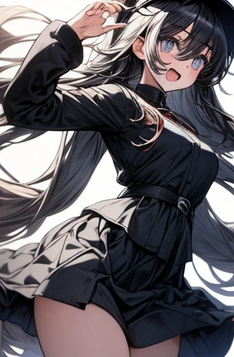 Cute girl with long white hair. Perfect blue eyes, face, open mouth, black hat, long coat, close up, low angle, skirt flip, perfect legs, thighs!!!!, arms up bent, tight shirt, perfect body.a close up of a person in a short skirt and a shirt, an anime drawing inspired by rossdraws, trending on pixiv, realism, thighs!!!, thighs!!!!!!, thicc, thighs, exposed thighs!!!, bare thighs!!!, anime vibes, trending on cgstation, pinterest anime, top rated on pixiv, popular on pixiv