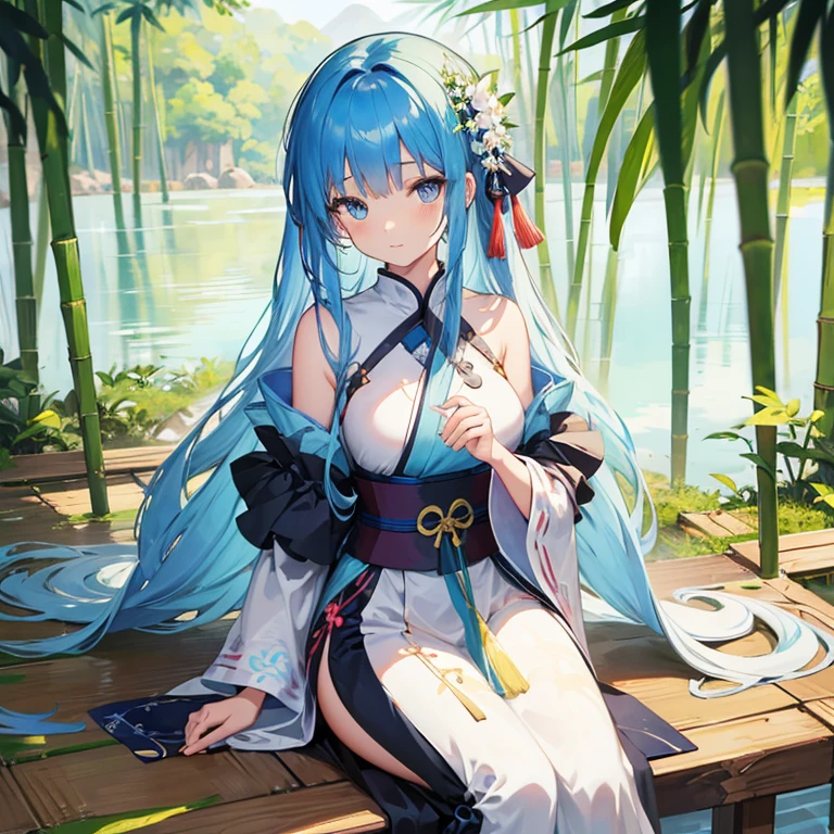 wallpaper, highly detailed, illustration, 1 girl, Azure hair, long hair, detailed eyes, forrest, bare shoulders, hanfu,lakes, pure, soft smile,bamboo,Tea