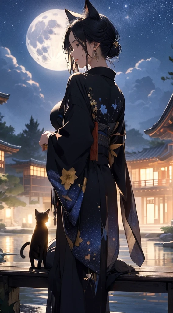 masterpiece, high quality, 4K, Beautiful design, Back view,silhouette， 非常に詳細な夜のStarry Sky,Sitting on a bench in a flower field，A black cat sleeping on my lap， wonderful, Finer details,  Very knowledgeable woman, Highly detailed solo, 1 female,Cat ear，Big Breasts，kimono，Night view，Starry Sky，full moon，