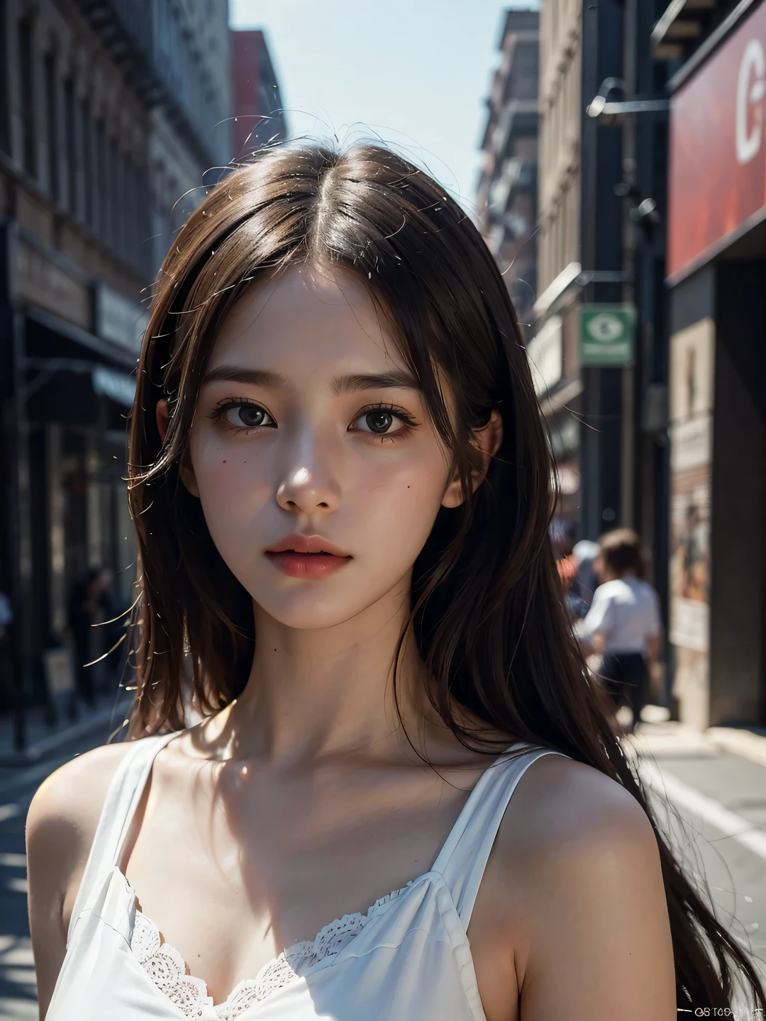1girl, (looking at viewer:1.2), detail face, (a girl standing, rending on cgsociety, black shadows, streaming, new york backdrop), romanticism, atmospheric, (RAW photo, best quality), (realistic, photo-realistic:1.3), masterpiece, an extremely delicate and beautiful, extremely detailed,