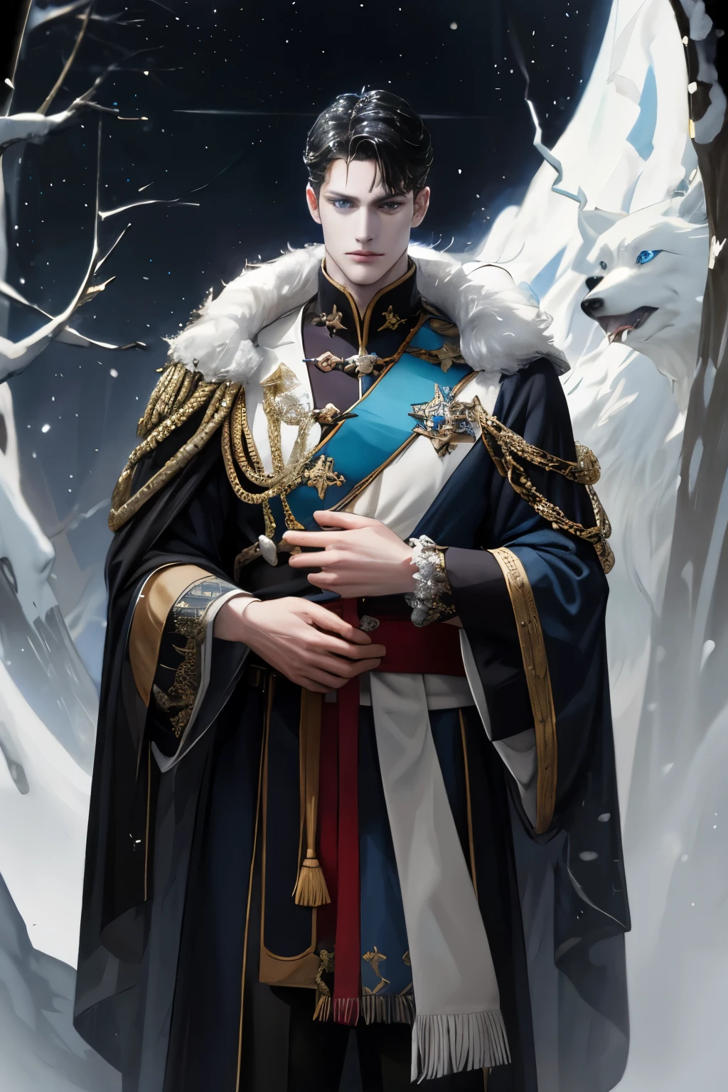 (absurdres, highres, A highly detailed), 1 male, solo, mature, handsome, tall muscular guy, broad shoulders, complex details, Colored, highest details, fantaisie, royal, nobleman, Admiral, short hair hair, blonde hair, eyes blue, Fleet Commander, navy, OC,A male, snow background, fantasy kingdom vibe, jet black hair, pale skin, dark blue eyes, Wearing royal war commander clothes Wearing a thick fur robe, Having two big wolves colored pitch black and snow white, Handsome