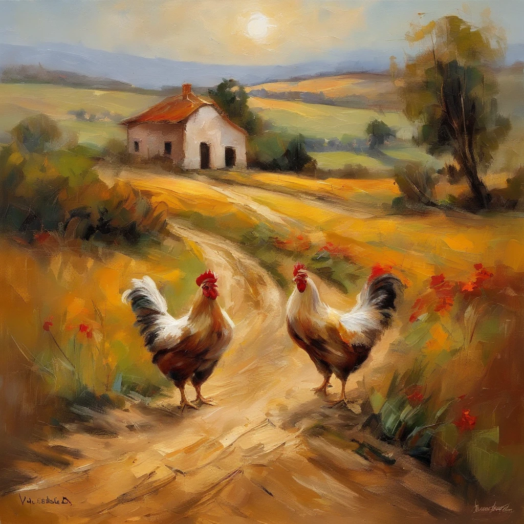 there are two chickens walking along a dirt road in the countryside, interior, por Victor Meirelles, in the interior, por Osvaldo Romberg, by Cândido Bido, estrada rural, powder Nándor Katona, por Manuel Franquelo, incrivelmente bonito, por Willian Murai, country landscape, esplendor rural, paisagem rural