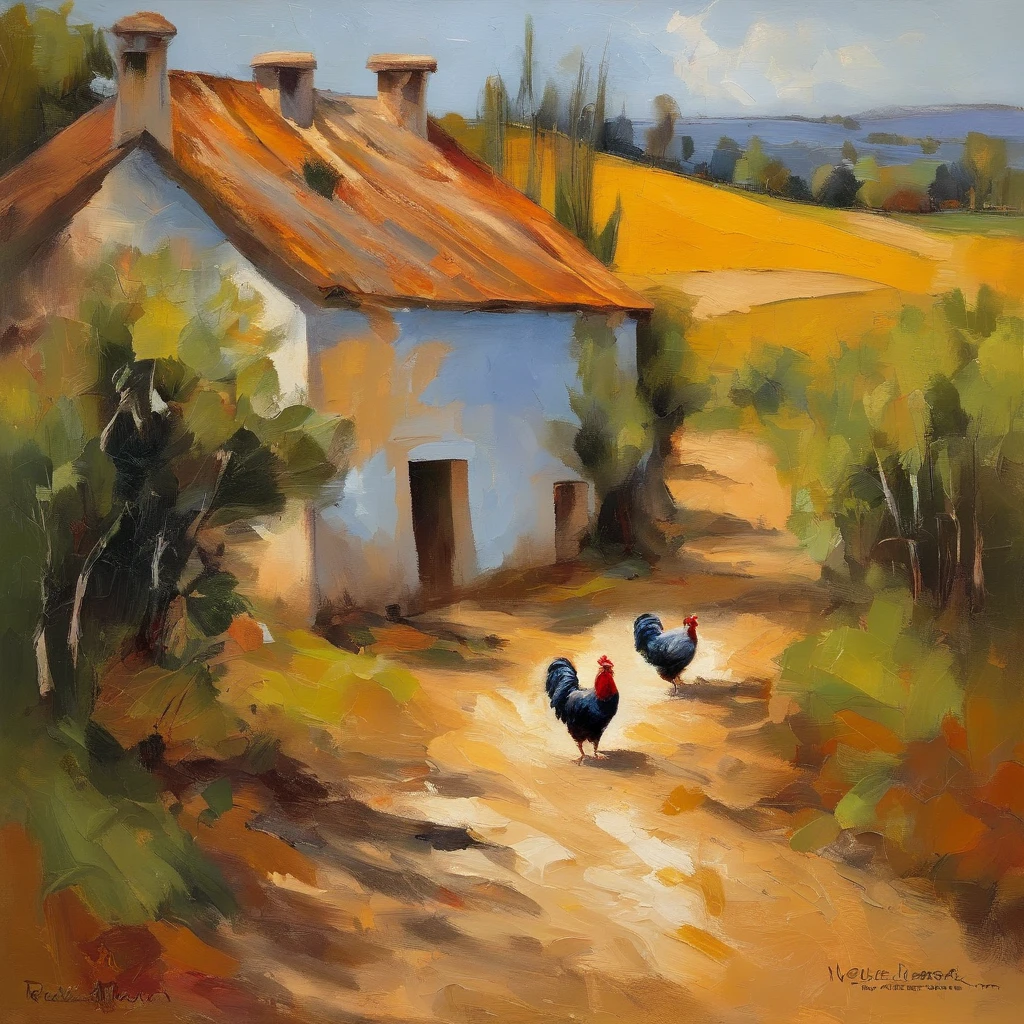 there are two chickens walking along a dirt road in the countryside, interior, por Victor Meirelles, in the interior, por Osvaldo Romberg, by Cândido Bido, estrada rural, powder Nándor Katona, por Manuel Franquelo, incrivelmente bonito, por Willian Murai, country landscape, esplendor rural, paisagem rural