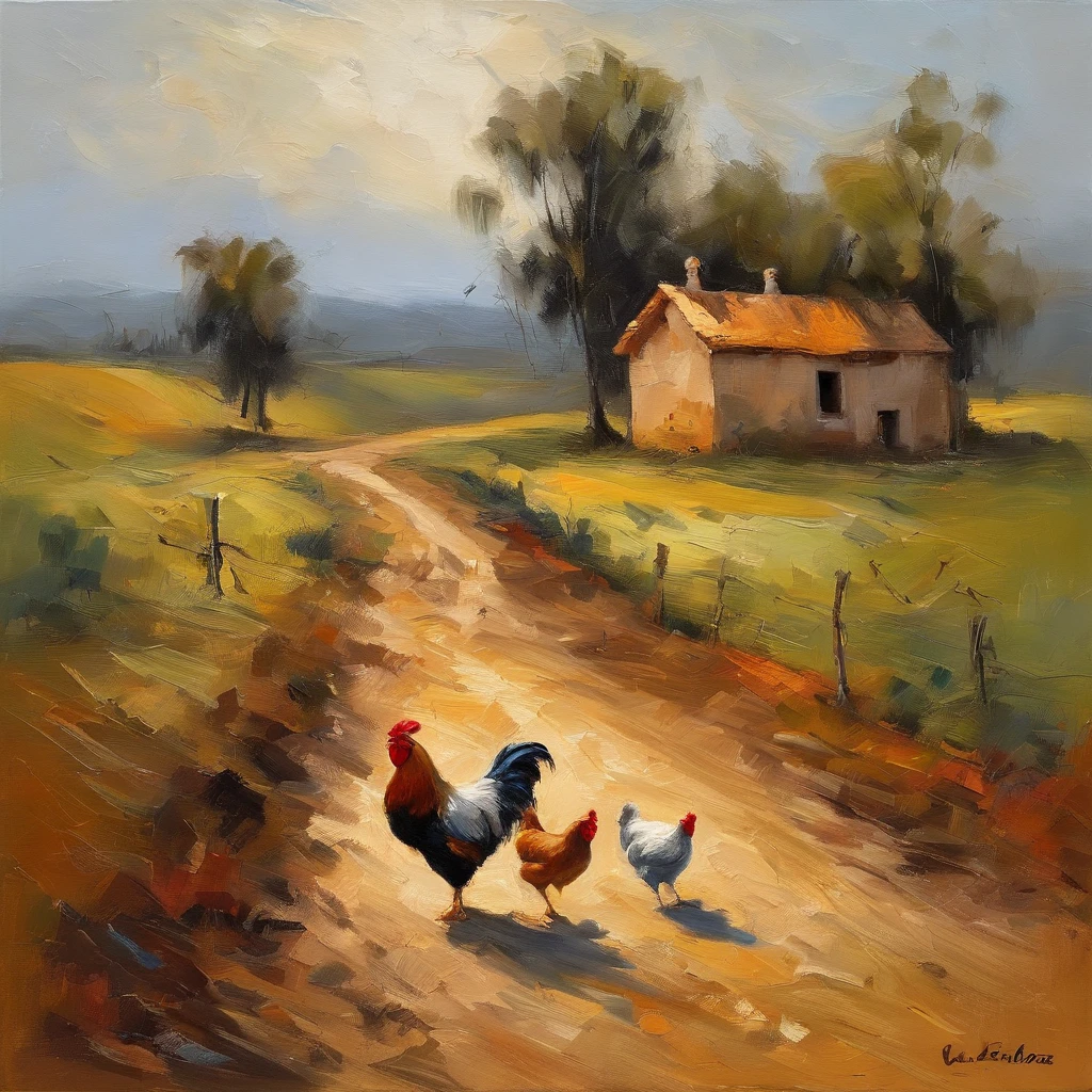 there are two chickens walking along a dirt road in the countryside, interior, por Victor Meirelles, in the interior, por Osvaldo Romberg, by Cândido Bido, estrada rural, powder Nándor Katona, por Manuel Franquelo, incrivelmente bonito, por Willian Murai, country landscape, esplendor rural, paisagem rural