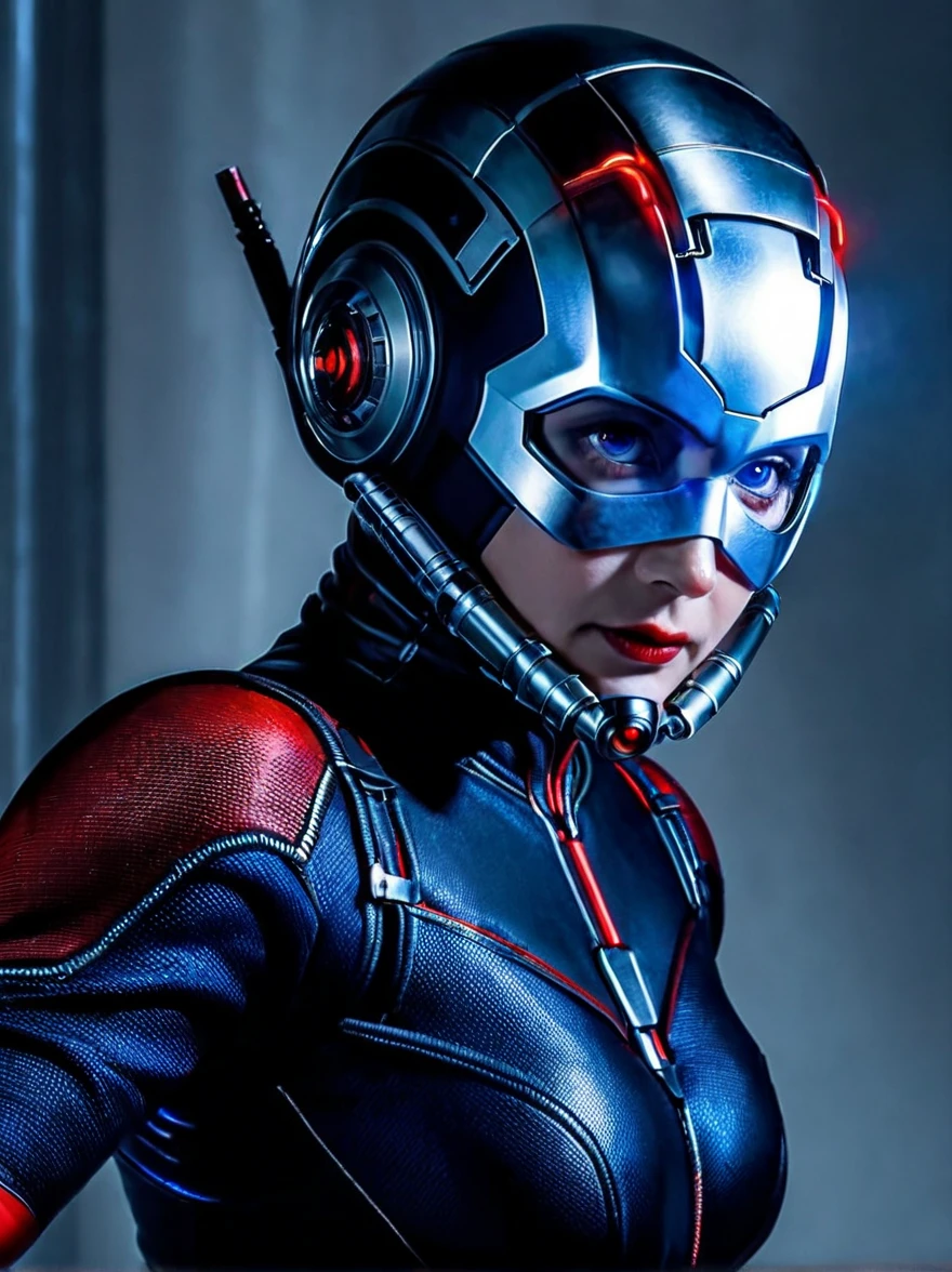 (A beautiful female ant-man:1.4), Red-glowing eyes, open mouth, Sharp Teeth, Mucus, Aesthetic physique, Fighting Stance, Lightsaber in hand,Artistic Photo, 8k, Looking at the camera, Light background, Pretty Face, Blue Skin,Large Breasts,Hollow Ant-Man costume。