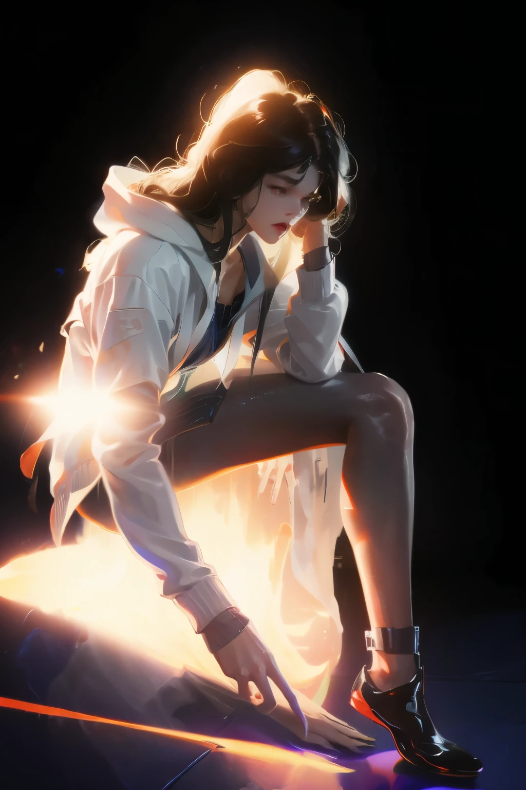 masterpiece, best quality, Ultra-high resolution (Reality: 1.4), original photo, 35mm lens, Aperture F1.4, Movie Posters, Light and Shadow, A girl, Wearing a white cardigan, Black long hair, Real skin, (Skin details: 1.3),