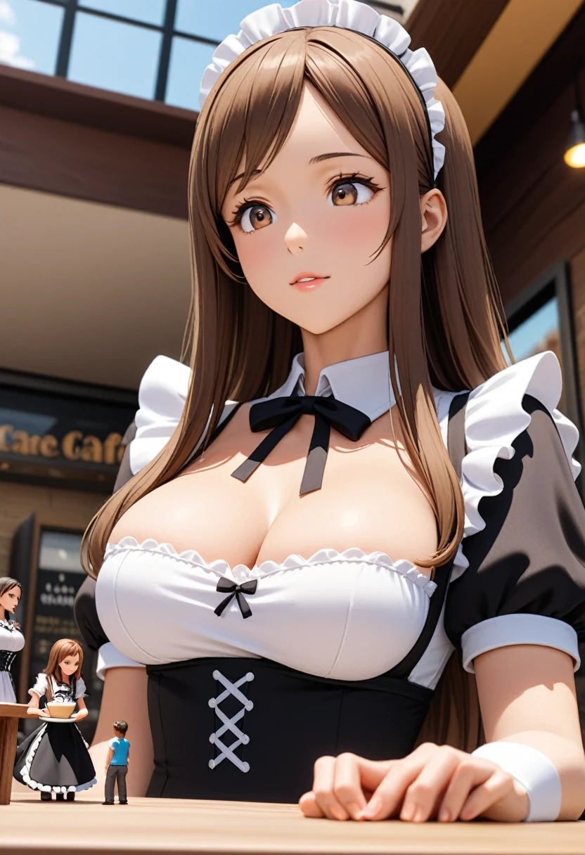 (miniature woman on a table below the breasts and face of a giantess girl: 1.3), (miniature people sitting at a table below the breasts of a giantess: 1.1), (miniature woman in front of a giantess looking down on them), closeup breasts and face, (from below view: 1.2), (medium sized breasts), cleavage, (indoors: 1.1), (2girls: 1.5), (height difference: 1.9), (size difference: 1.3), (mature adult woman: 1.3), (yuri: 1.2), (brown skinned girl with brown hair brown eyes bangs big hair: 1.1), (cafe: 1.1), cute dress, maid uniform