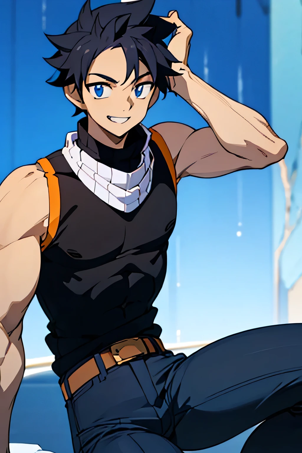 one male, young boy, blue eyes, black hair, black sleeveless shirt, blue pants, smiling, lean build,