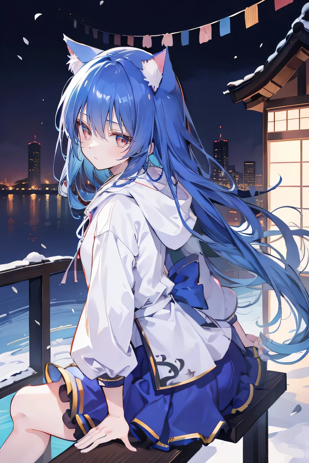 (masterpiece:1.2),Super detailed,lifelike,Expressive eyes,fair skin,perfect face shape,1 girl,
Japanese comics,Gorgeous blue hair,flowing blue hair,flowing clothes,Cat ears,Petals fall,beautiful lola,Baby Angel,
Shaking head with one hand,Cross your legs,Gentle and peaceful background,The pavilion is cool and comfortable,smile, wearing hoodie, background of tokyo,back views,snowing, winter.
