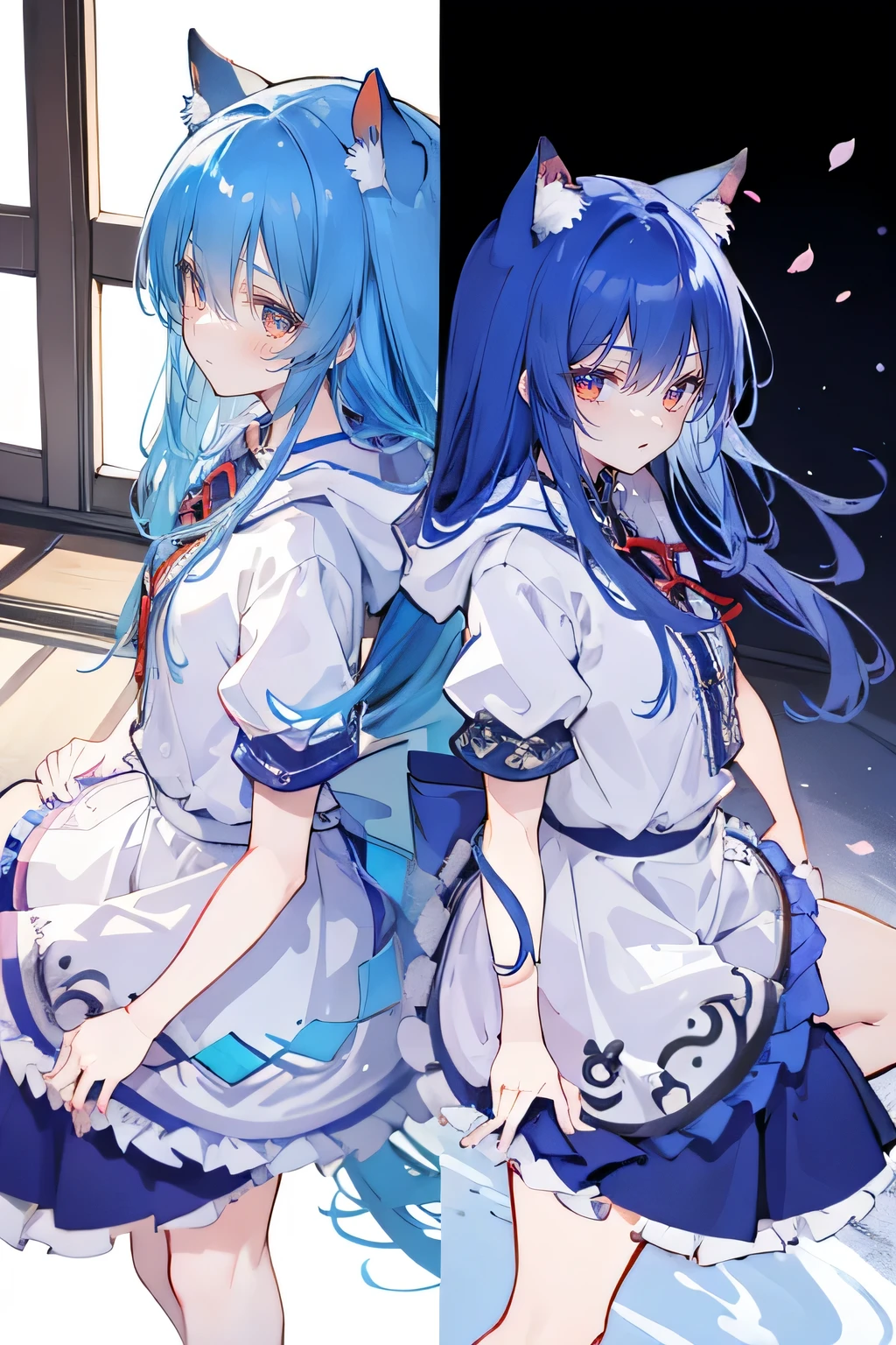 (masterpiece:1.2),Super detailed,lifelike,Expressive eyes,fair skin,perfect face shape,1 girl,
Japanese comics,Gorgeous blue hair,flowing blue hair,flowing clothes,Cat ears,Petals fall,beautiful lola,Baby Angel,
Shaking head with one hand,Cross your legs,Gentle and peaceful background,The pavilion is cool and comfortable,smile, wearing hoodie, background of tokyo,back views,snowing, winter.