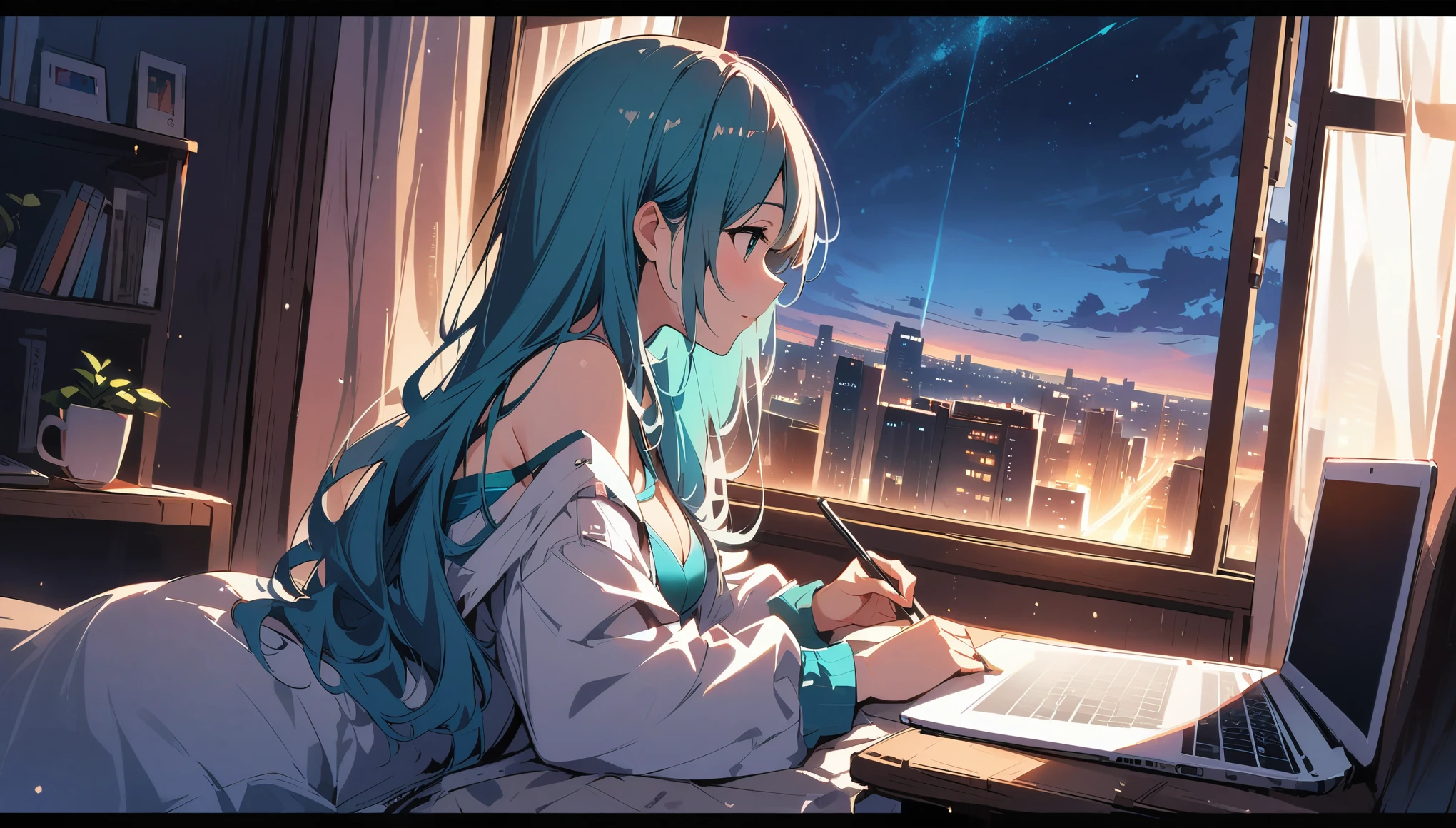 At the bed、Studying on a laptop、Hatsune Miku in a bikini、Beautiful night view outside the window