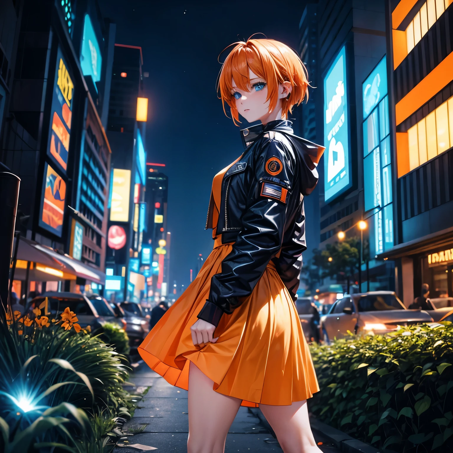 Orange hair girl, Wearing blue cyberpunk clothing, On the colorful grass, night