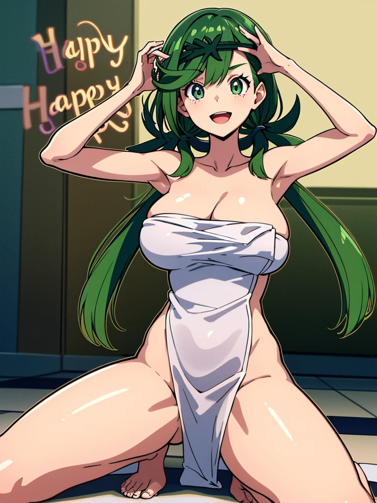 ((Cute girl with green hair)), ((Wear a towel)),whole body, Thighs,((masterpiece, highest quality, Ultra high definition, High resolution)), Anime Girls, ((Ultra-detailed illustrations:1.2)), Beautiful Hair, Shining Eyes, Huge breasts, (Happy expression:1.6),Floral decoration,Sexy pose,Highly revealing,Open-chested clothing,Groin,Showing skin,10 year old female,Spread your legs,pink,