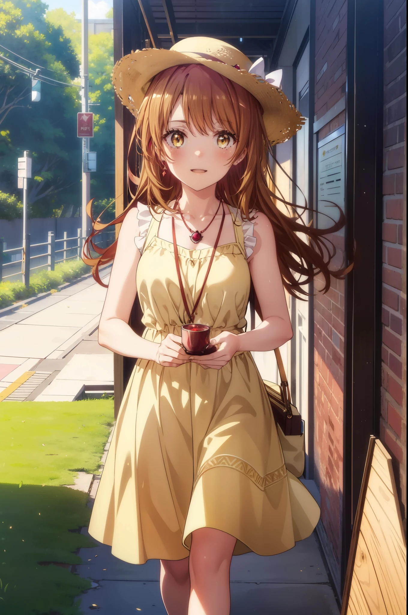 irohaisshiki, Isshiki Iroha, Long Hair, Brown Hair, (Brown ruby eyes:1.5), Sleeveless yellow dress,Yellow long skirt,Bare neck,Locket Necklace,Cute Sandals,Straw hat,happy smile, smile, Open your mouth,Daytime,Clear skies,True Summer,whole bodyがイラストに入るように,Walking,
break outdoors ,garden,crowd, people々々,
break looking at viewer,whole body,
break (masterpiece:1.2), highest quality, High resolution, unity 8k wallpaper, (shape:0.8), (Beautiful and detailed:1.6), Highly detailed face, Perfect lighting, Highly detailed CG, (Perfect hands, Perfect Anatomy),