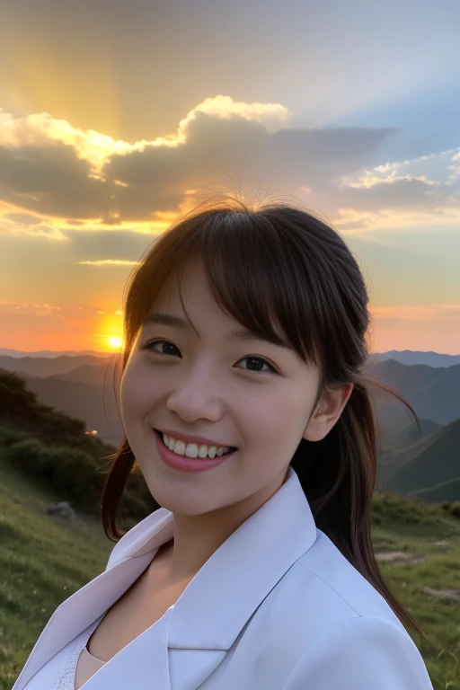 (K UHD, Hmph, highest quality, Tabletop: 1.2), (Realistic, Realistic: 1.37), Amazing view of the sunset sky and clouds、Amazing mountain views、A bright smile、A lovely woman with a smile、The Woman'Bright face、Fox face、Lady、wine 、Appetizers、Two beauties、Brown Hair、Shortcuts、Long sleeve shirt、Winter Fashion、dress、Japanese、Englishman、Dutch、German、Belgian、Italian、French,wineボトル、Appetizers、Champagne、スパークリングwine、Pretty Woman 1, (slim face), (Because I'm Slim), (Brown Hair), (Shortcuts), cheeks turn a little red, (40 years old), 38 years old, Attractive beauty、, Outside the window, a beautiful and detailed night view unfolds..........., restaurant, sitting in a wineグラス, At night, In a prominent place (From the waist up) Nova Frog Style, actress, model, Upper Body, 白wine, slim, wineグラス, Very beautiful night view, wineグラス placed in the middle, smile, (smile: 1.15), Beautiful little eyes,
