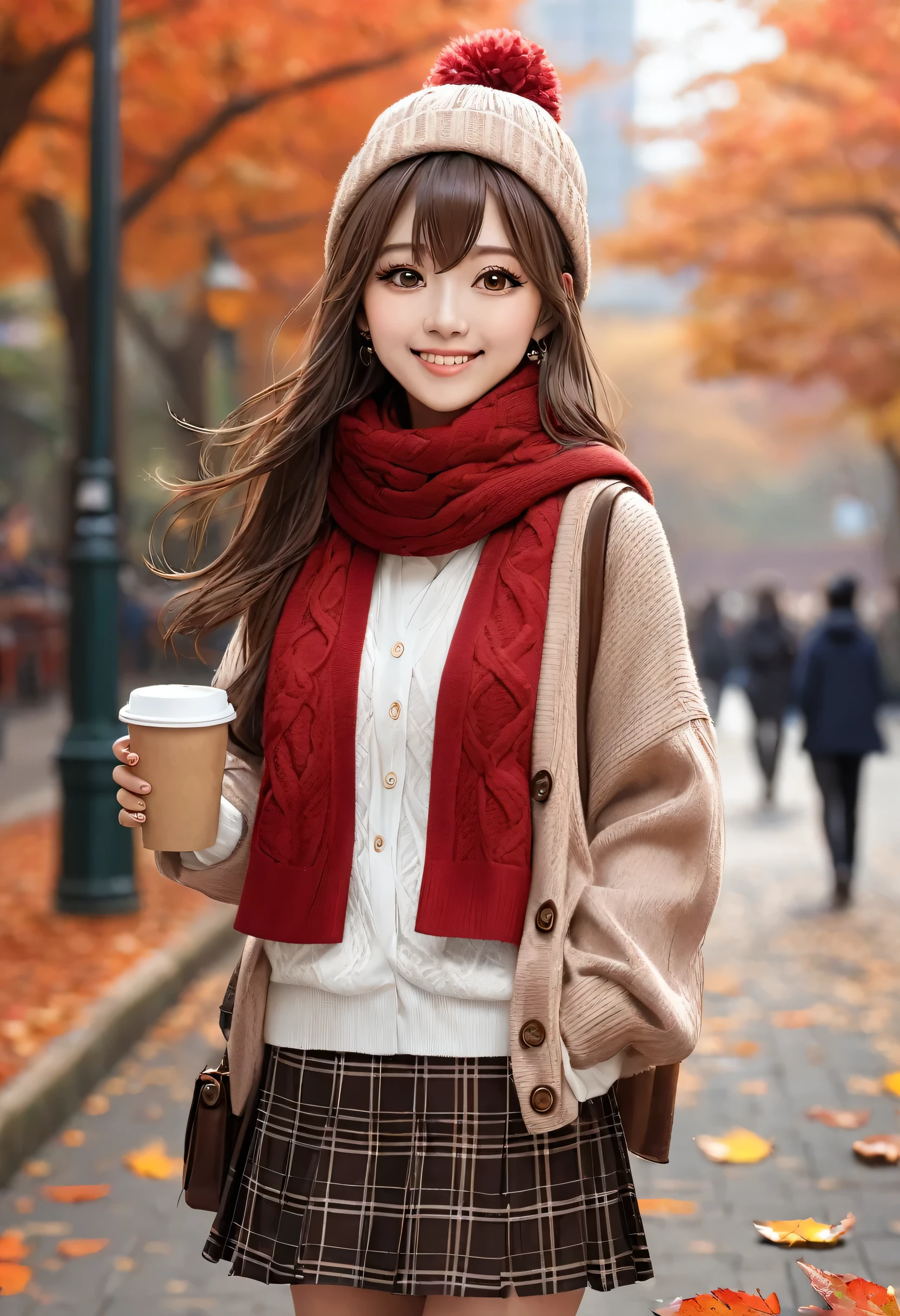 1 Girl, Fallen Leaves, Bangs, Black tiara, Blurred background, blush, Brown eyes, Brown hair, brown scarf, brown skirt, Cardigan, coffee, Cowboy shooting, cup, disposable cup, drink, Fallen Leaves, Beanie, Keep, Keep drink, Yoko, Long hair, Long sleeve, Looking at the audience, open Cardigan, open mouth, lattice, lattice skirt, puffy Long sleeve, red sweater, scarf, shirt, shirt tucked in, Side lock, skirt, Smile, Solitary, sweater, white shirt, Extremely detailed, Wheels within wheels, masterpiece, absurd
