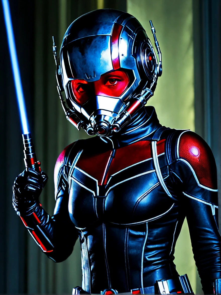 (A beautiful female ant-man:1.4), Red-glowing eyes, open mouth, Sharp Teeth, Mucus, Aesthetic physique, Fighting Stance, Lightsaber in hand,Artistic Photo, 8k, Looking at the camera, Light background, Pretty Face, Blue Skin,Large Breasts,Ant-Man costume with hollow chest。