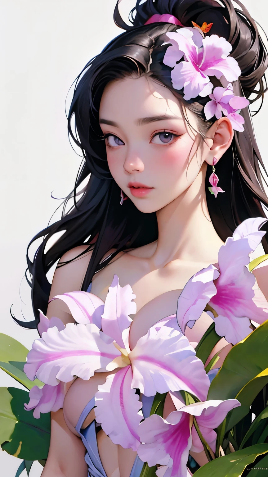 (highest quality、High resolution、masterpiece)、4K Anime Art、(Cattleya flower、cattleya, labiata, semi-alba, rosada, flower)、 (Blue Butterfly)、(Tropical flowers and ornamental plants)、One Woman、whole body、((Sargent-style watercolor))、((White Background))、(No background)、Blur the background、