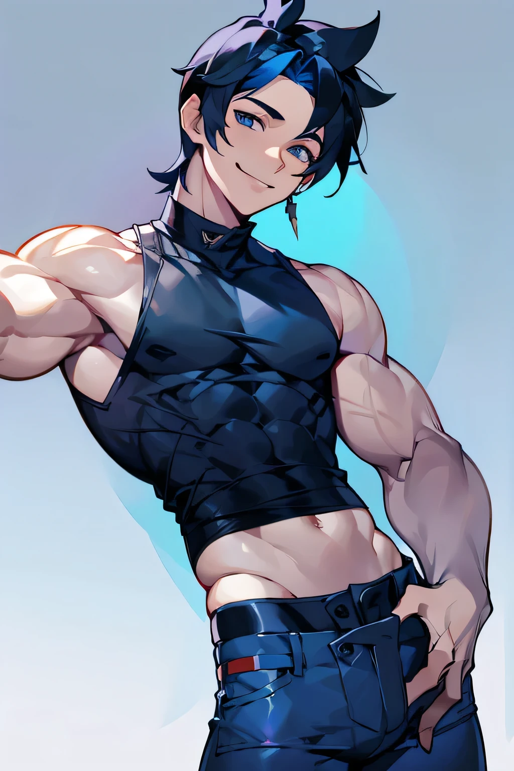 one male, young boy, blue eyes, black hair, black sleeveless shirt, blue pants, smiling, lean build,