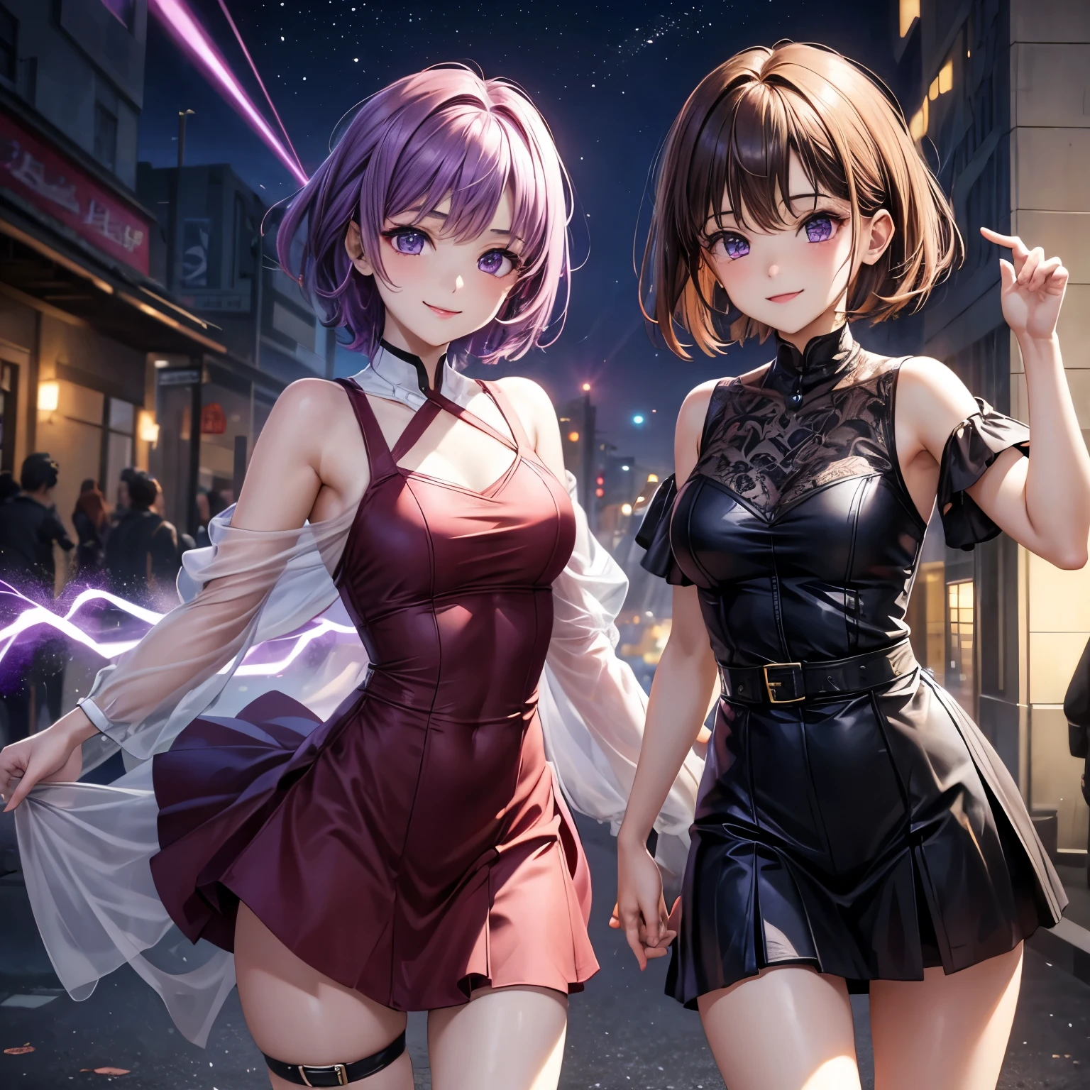 Young Girls, Brown short hair, Purple Eyes, Xia 2099 Model, Smile, cobweb, lightning, masterpiece, high quality