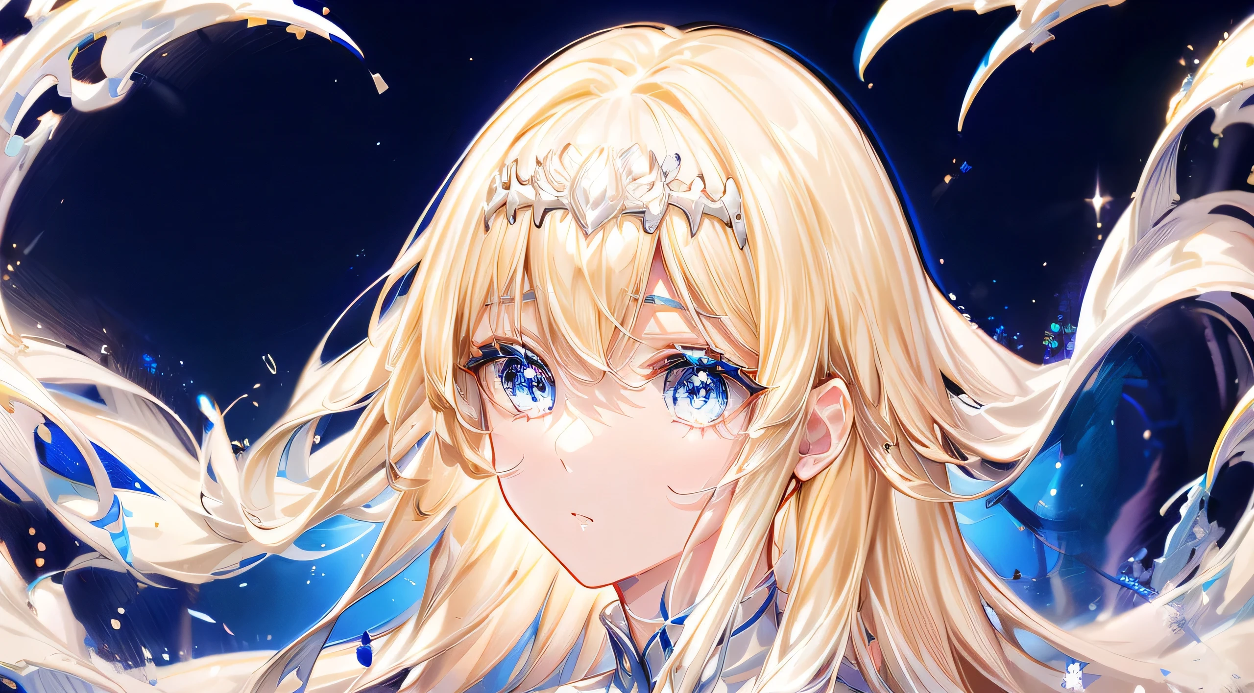1 girl in、Eyes swaying anxiously、profile、Face-down right、Eyelids lowered、、Long hair、,, solo, calca, blonde hair, , medium chest, extremely long hair, very long hair, extra long hair, white tiara, white dress, blue eyes,