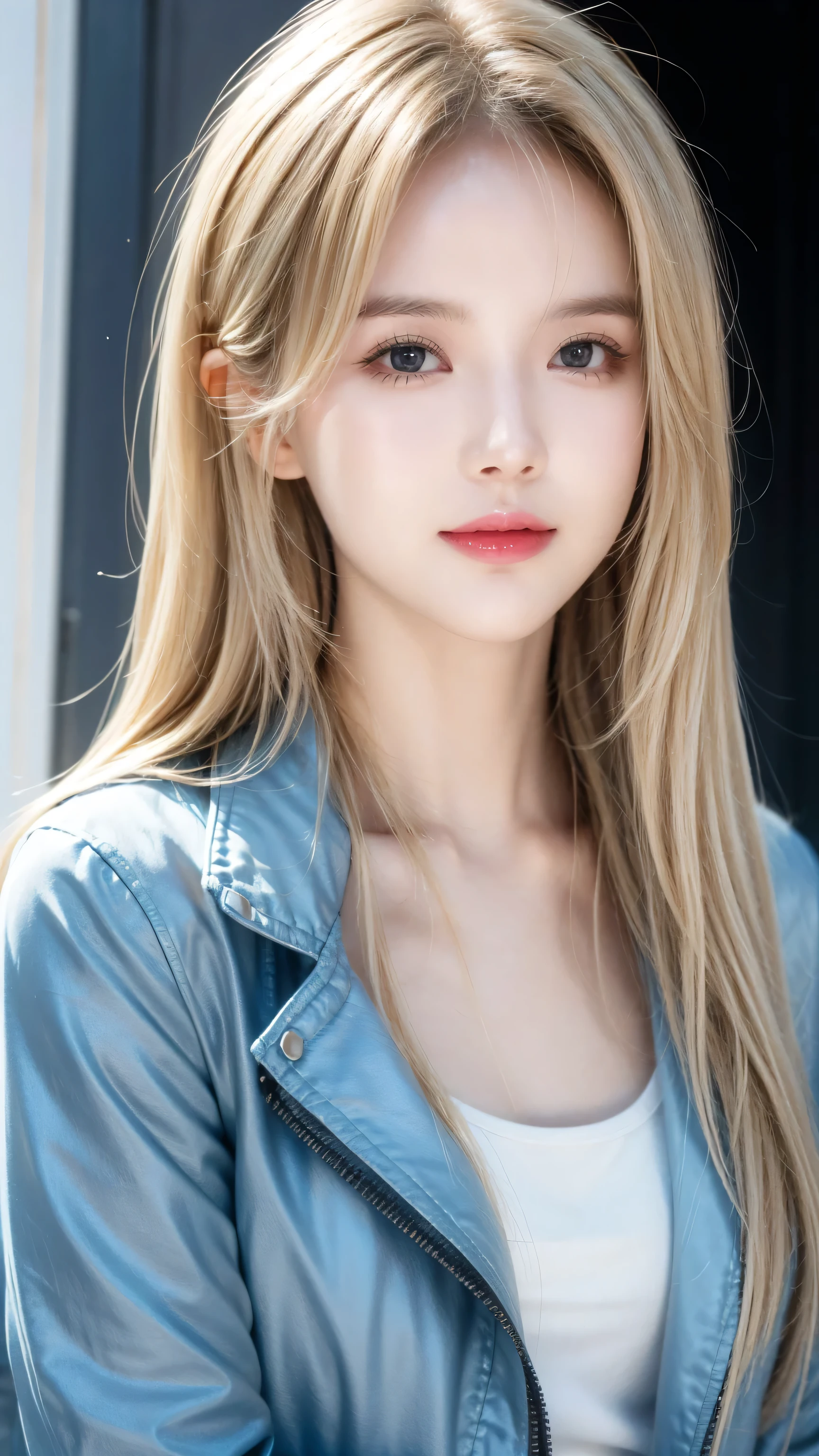 Ya Ott, 1 Girl, Solitary, Christa Lenz, Smile, Hair between the eyes, blue eyes, Blonde hair, jacket, Medium Length Hair,