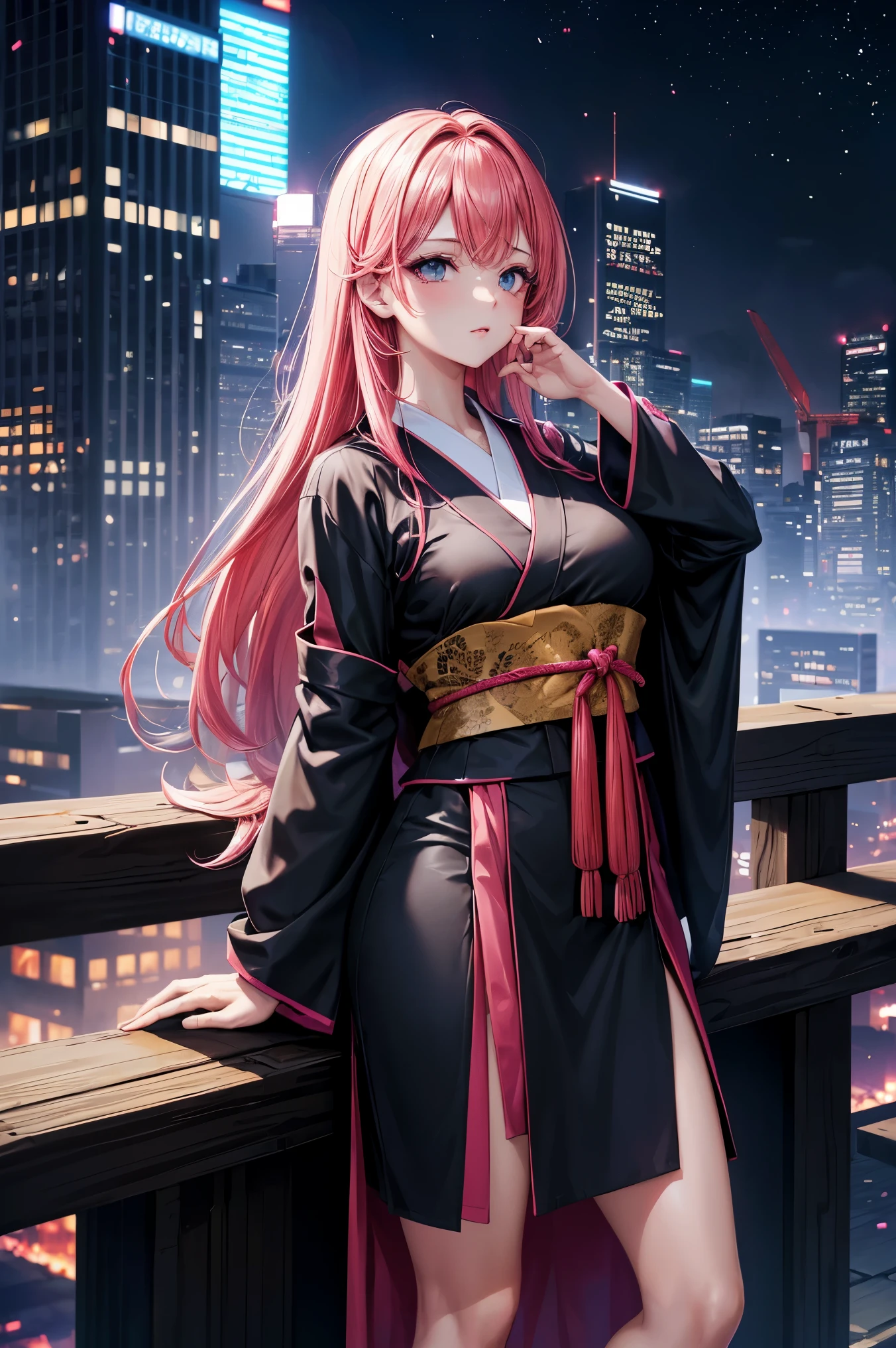 anime, (obra de arte, melhor qualidade, ultra-detalhado, alto contraste), 1 mulher (Sozinho, corpo todo, corpo plus size, standing on the edge of the skyscraper, cabelo prateado, CABELO LONGO E FLUXO, olhos vermelhos brilhantes de rubi, (Kimono preto, black cybernetics with neon pink), meias pretas transparentes), (skyscraper roof, com vista para uma cidade, fundo detalhado ((night time, Darkness, low light pollution)))