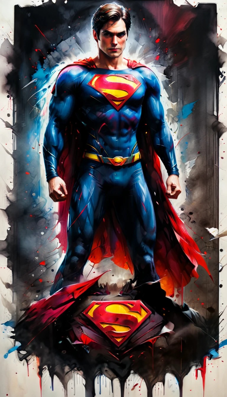 tears ,brown hair,red lazer eyes,man, super man, art pop, masterpiece,intricate details, horror theme ,portrait,dark ambience, dust,low light ,cinematic, ambient oclussion, chromatic aberration, Use a slightly low-angle perspective to make Superman appear larger than life, reinforcing his status as a heroic and sexy icon