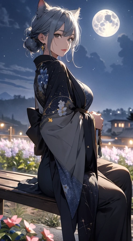 masterpiece, high quality, 4K, Beautiful design, silhouette，Gray Hair， 非常に詳細な夜のStarry Sky,Sitting on a bench in a flower field， wonderful, Finer details,  Very knowledgeable woman, Highly detailed solo, 1 female,Cat ear，Big Breasts，kimono，Night view，Starry Sky，full moon，