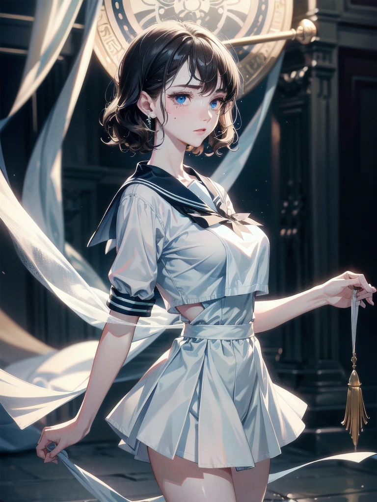 absurdres, RAW photo, extremely delicate and beautiful, masterpiece, Best Quality, ultra high resolution, 32k, hyperrealistic, ultra-detailed, detailed description, pale skin, 20 years old, delicate facial features, detailed beautiful face and eyes, tearful mole, earring, Colossal tits, short medium hair, wavy hair, full body shot, sailor uniform,