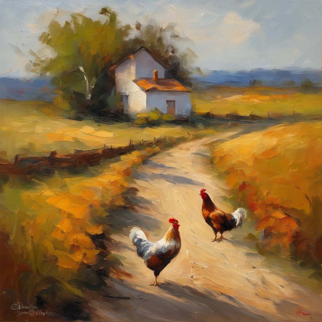 there are two chickens walking along a dirt road in the countryside, interior, por Victor Meirelles, in the interior, estrada rural, country landscape, esplendor rural, paisagem rural