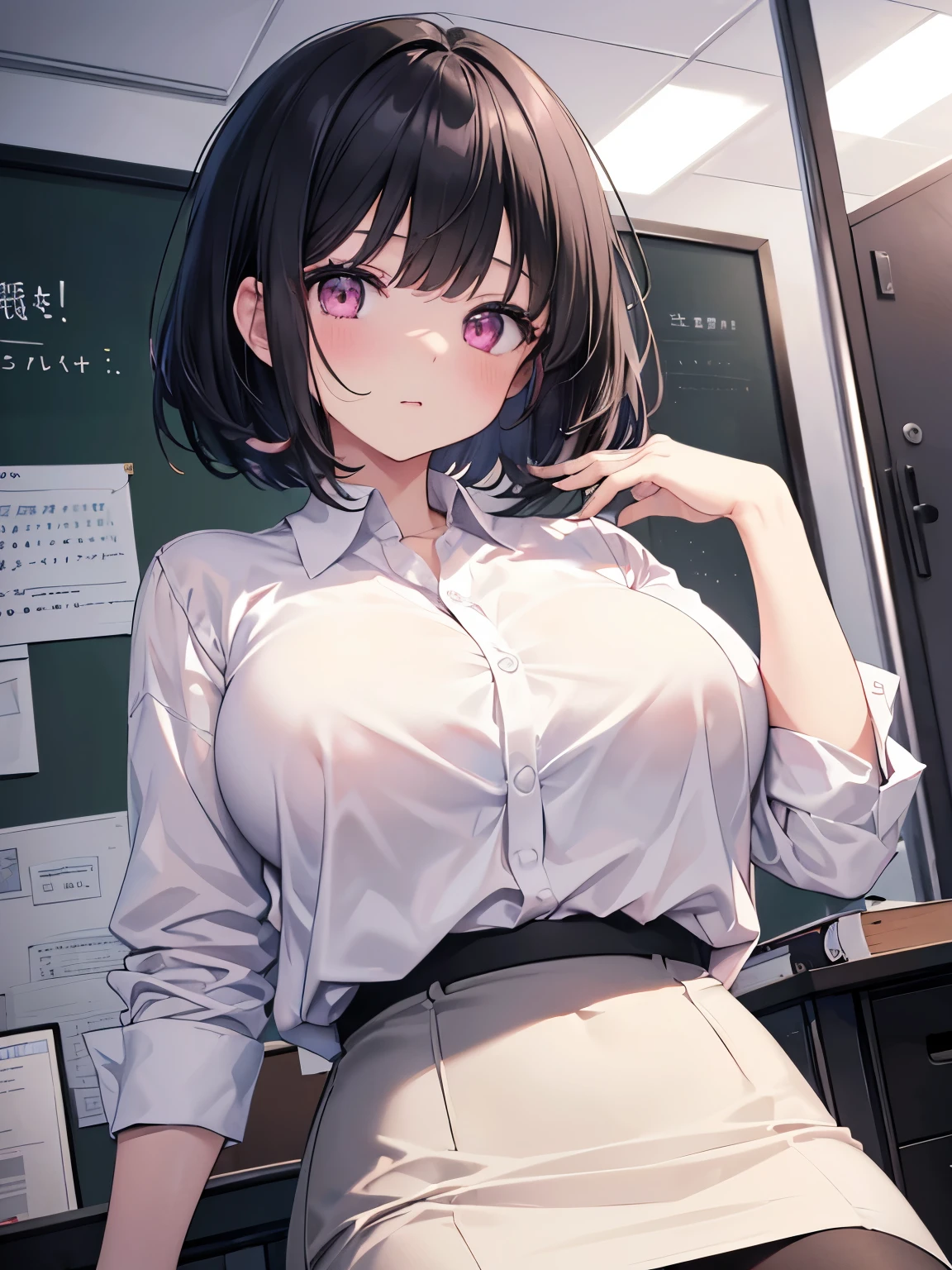 (8k、highest quality、highest quality、masterpiece)、Detailed face、One Girl、
Black Hair、Bobcut、
(Pink Eyes)、
(White Shirt、Black Pencil Skirt:1.2)、
Big Tits、officeレディ、office、