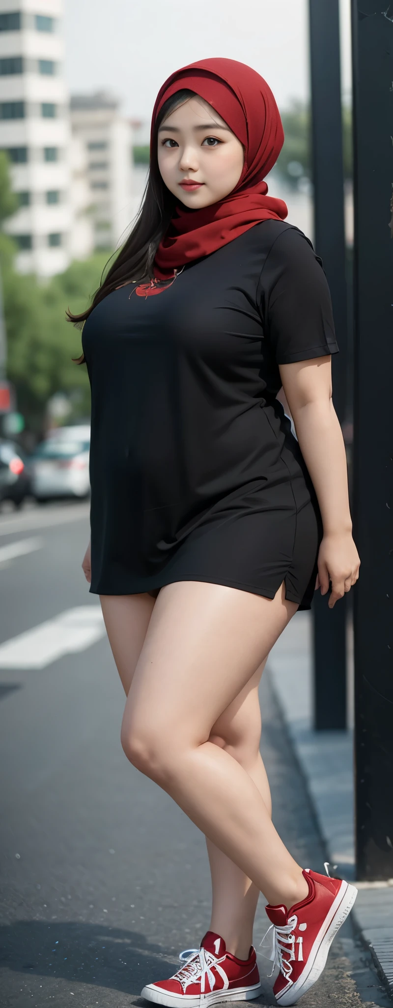 1 chinese-Indonesian girl, modern plain hijab, shy, medium portrait, watery eyes, ((small breasts)), black bokeh background, well-proportioned body,, chubby massive thighs, full body pose, Hena art on the body, hena art on arms, full body view , wearing red sneakers , fat legs, massive thighs ,