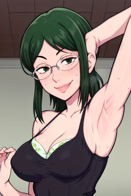 masterpiece, best quality, hanako koyanagi, looking at viewer, large breasts, upper body, portrait, looking at viewer, seductive smile,put your hands behind your head, armpits, armpits visible, sweaty armpits, more sweaty armpits,long hair, green hair, wearing purple bra, wearing glasses