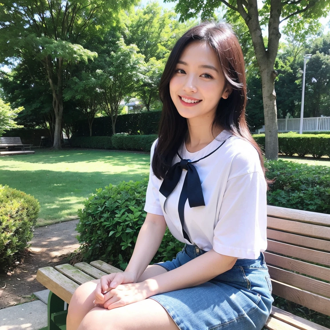((highest quality、8k、masterpiece:1.3))、Photorealistic, Sharp focus, high resolution, High resolution, Portraiture, alone, Japanese women, Beautiful woman, Short sleeve blouse、Casual skirt、33 years old, semi-long、sitting on a park bench、Look at this、smile、all、tote bag
