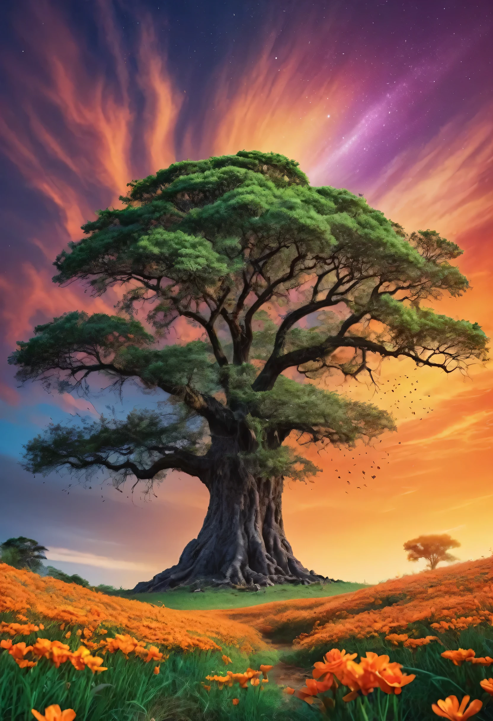 high quality, super detailed, you can see a green savanna with a sprinkling of colorful flowers, you can see flying fairies decorating the sky, with a tinge of orange sky, in the corner you can see a huge tall ancient tree towering, full of an aura of darkness, contrasting with the aura of life around it. Under the tree, sat a beautiful and elegant witch woman in skimpy clothes, photo realistic, ilustration