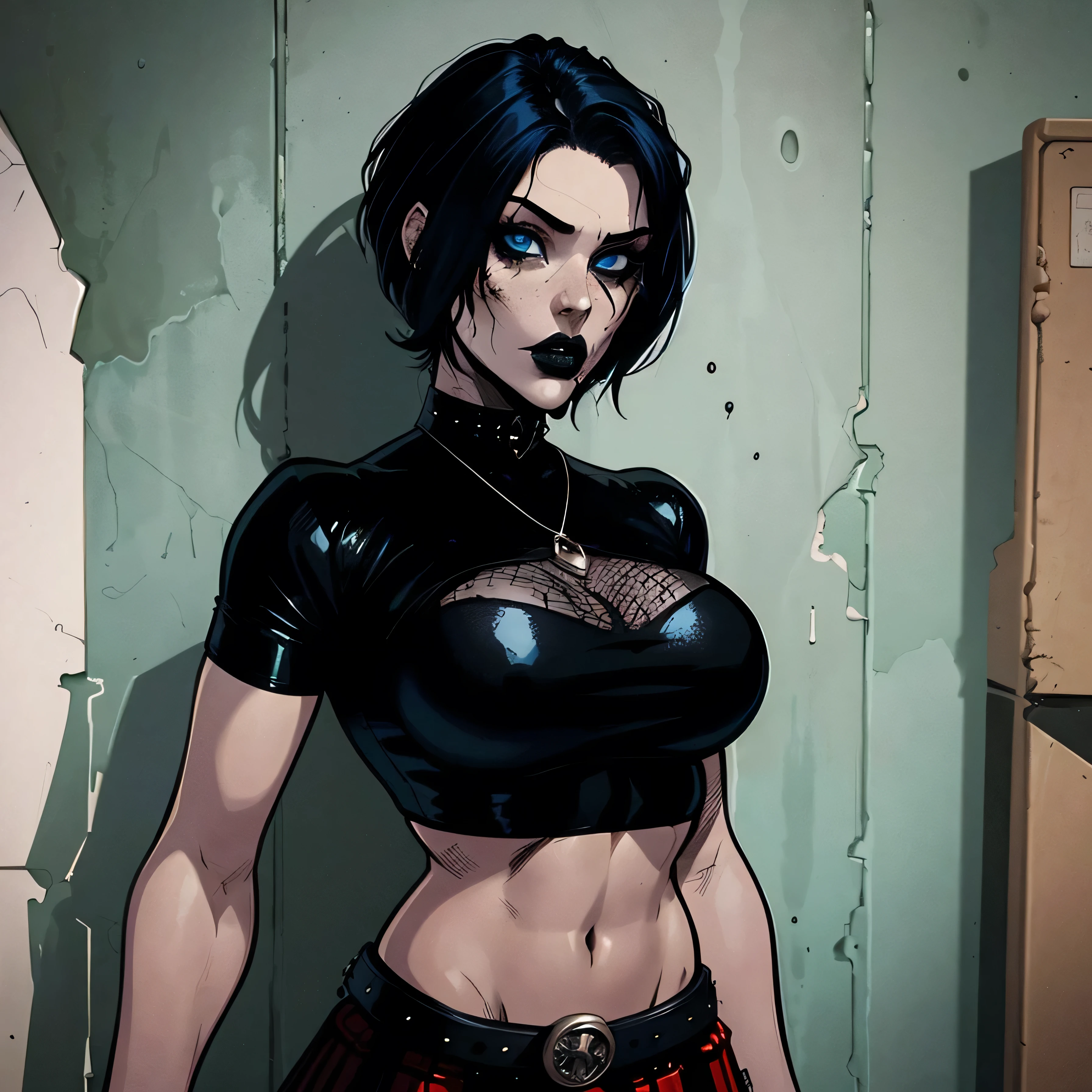 a woman with short black hair wearing a black cropped  and plaid skirt, blue eyes, zombie art, gothic art, cute aesthetic with vibe, toon aesthetic, wearing red costume, wearing gothic accessories, look like Cassie Hack