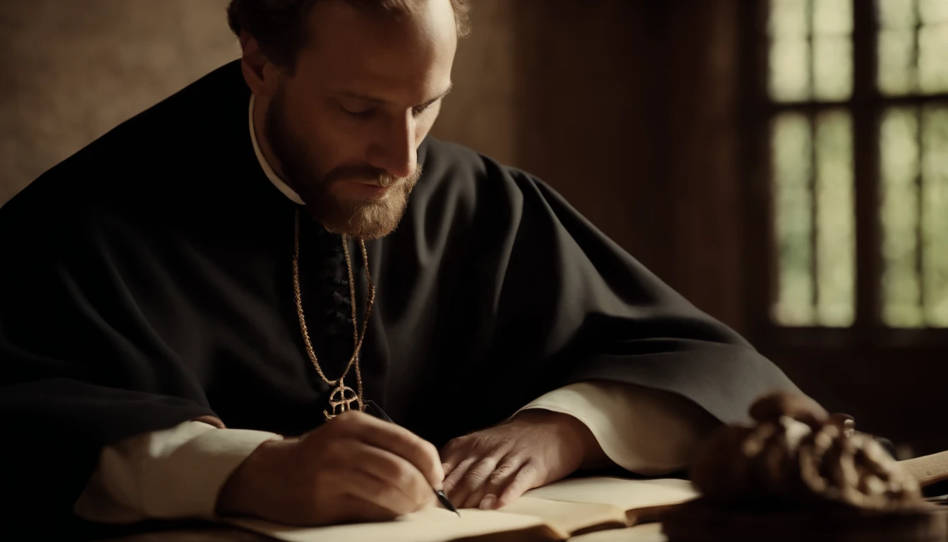 30-year-old Jesuit priest, from the 15th century, writing a letter
