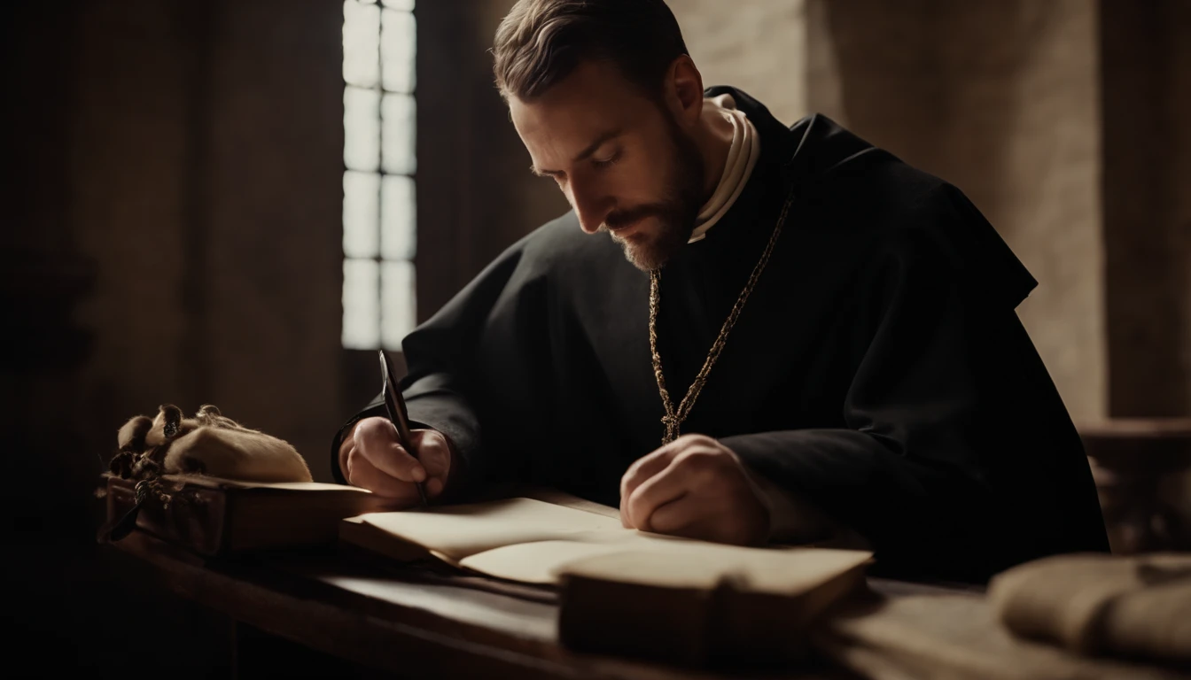 30-year-old Jesuit priest, from the 15th century, writing a letter