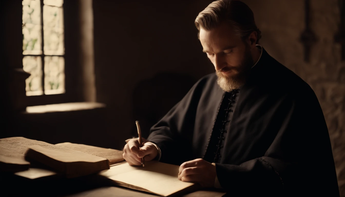 30-year-old Jesuit priest, from the 15th century, writing a letter