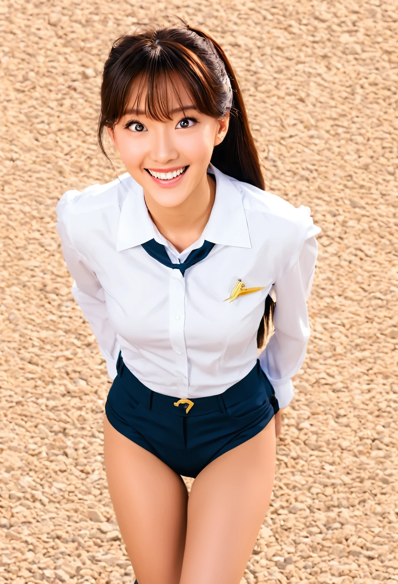 ((Obra maestra)), (8k, alto_resolution), (distinto_imagen), (mejor calidad), (luz solar, cara a la luz), (cara a la luz:1.1), (meitantei conan (estilo), detective conan (estilo), meitantei conan), solo, hermosos ojos y cara detallada, ((1 chica, solo)), pechos medianos, cadera ancha, (abdominales:0.8), ((uniforme escolar)), (cola de caballo), (rubor, feliz, feliz smile, Laugh),