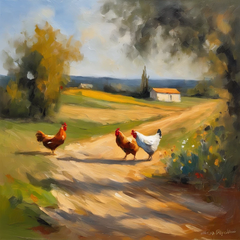 there are two chickens walking along a dirt road in the countryside, interior, por Long, in the interior, estrada rural, country landscape, esplendor rural, paisagem rural