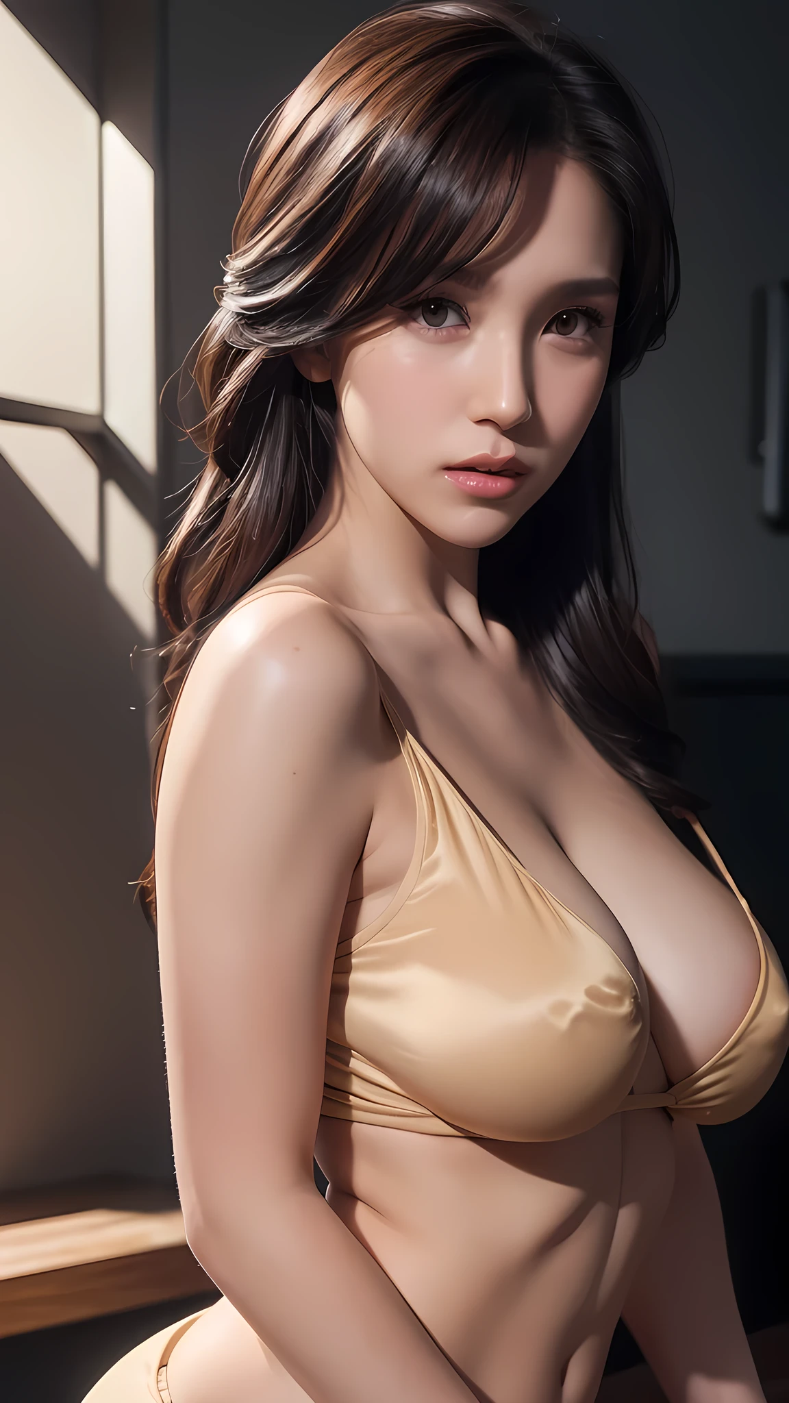 Mina, (detailed lighting, extremely detailed skin, extremely detailed hair, shadows, 8k), looking at viewer, (High Key Lighting); dynamic poses, totally wide open her chest,big chest,super perfect body curve,S-shaped body,anime waifu (18 years old)-hot daddy-frivolity-body language,thicc thighs, fit figure, gorgeous perfect face, realistic style and super detailed renderings, superrealism,kawaii, zbrush, super-realistic oil, contour shadow-process, close up, upper body,