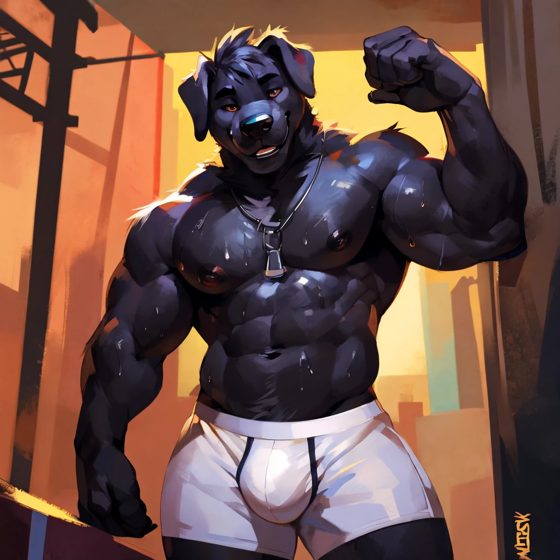 Medium muscular, black dog, all black dog, in underwear, dog, white underwear, string underwear, sweaty, sexy, hands, nipples, standing, posing, By mystikfox61