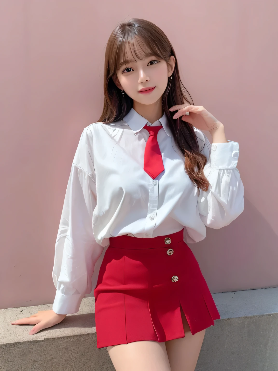 In detail,Full body photo、smile、Blonde Hair、 High resolution, high quality、Perfect dynamic composition, Beautiful fine details, Medium Hair, 、Natural color lip,Kamimei、、1 person、Clear Skin、Red tie、White shirt、Red mini skirt、Thighs、Shiny Hair、最high quality, figure, Very detailed, In detail, High resolution, 8k、The correct state of the human body、Sculpture model pose,Pink wall