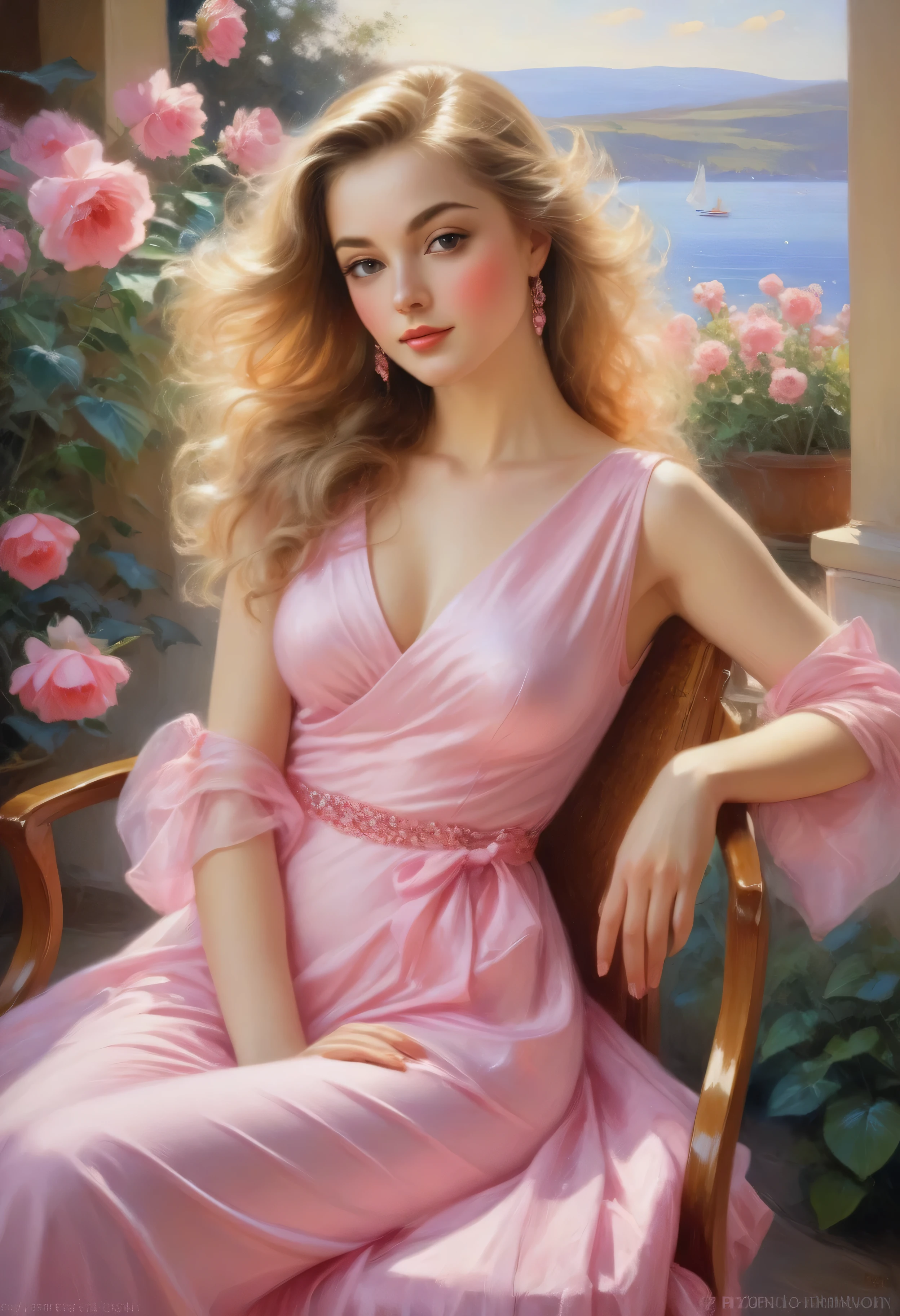 a painting of a woman, sitting in a chair in a pink dress., Danil Gerharts, Volegov, konstantin razumov, ( ( konstantin razumov ) ), summer morning light, Josephine Wall and Pino Daheny, Han Gan, Daniel Gerharts, Chen Chun, vladimir Volegov, Daniel F.. Gerharts