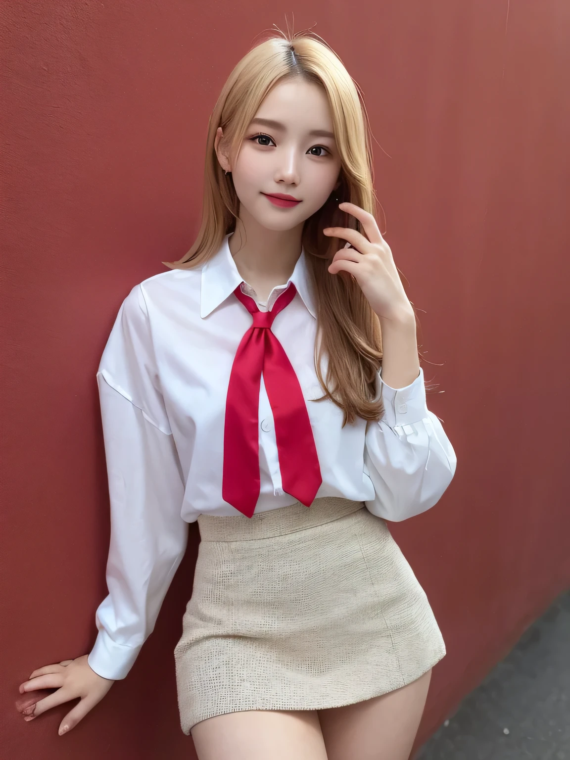 In detail,Full body photo、smile、Blonde Hair、 High resolution, high quality、Perfect dynamic composition, Beautiful fine details, Medium Hair, 、Natural color lip,Kamimei、16-year-old girl、1 person、Clear Skin、Red tie、White shirt、Red mini skirt、Thighs、Shiny Hair、最high quality, figure, Very detailed, In detail, High resolution, 8k、The correct state of the human body、Sculpture model pose，Pink wall